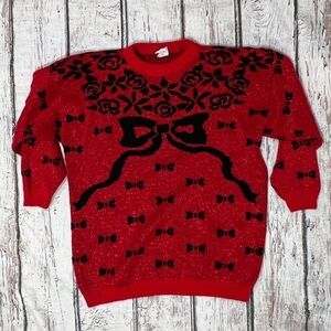 Vintage 1980s Bowtie Crewneck Knit Pullover Sweater